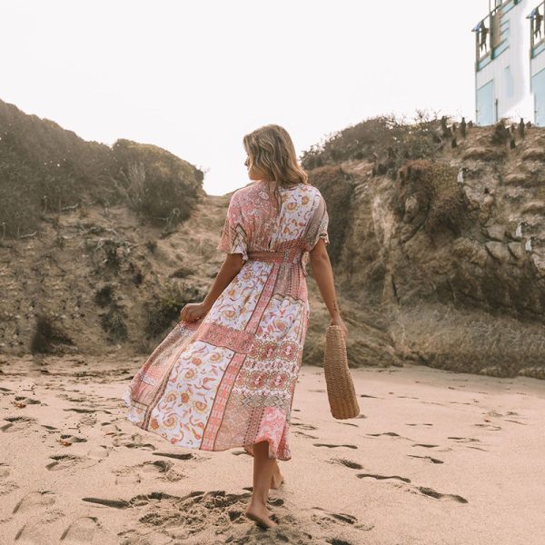 Women's Flowers Printed Dress Bohemian Irregular Beach Clothes - Image 2