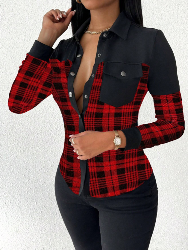 SHEIN VaVaLuxe Women's Plaid Print Button-Down Long Sleeve Shirt